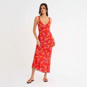 Rumored Red Floral Slip Maxi Dress with Yellow & Pink Accents